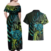 Southland Takehe Pounama Couples Matching Off Shoulder Maxi Dress and Hawaiian Shirt Aotearoa Poutama Paua Shell Fern