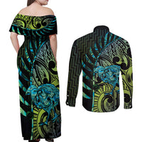 Southland Takehe Pounama Couples Matching Off Shoulder Maxi Dress and Long Sleeve Button Shirt Aotearoa Poutama Paua Shell Fern