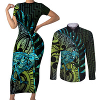 Southland Takehe Pounama Couples Matching Short Sleeve Bodycon Dress and Long Sleeve Button Shirt Aotearoa Poutama Paua Shell Fern