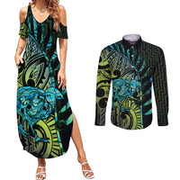 Southland Takehe Pounama Couples Matching Summer Maxi Dress and Long Sleeve Button Shirt Aotearoa Poutama Paua Shell Fern