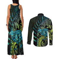 Southland Takehe Pounama Couples Matching Tank Maxi Dress and Long Sleeve Button Shirt Aotearoa Poutama Paua Shell Fern