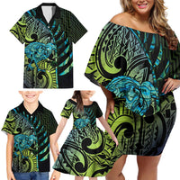 Southland Takehe Pounama Family Matching Off Shoulder Short Dress and Hawaiian Shirt Aotearoa Poutama Paua Shell Fern