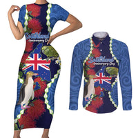 Southland Anniversary Day Couples Matching Short Sleeve Bodycon Dress and Long Sleeve Button Shirt Murihiku 1861 Maori Bird Mix Pohutukawa