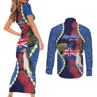 Southland Anniversary Day Couples Matching Short Sleeve Bodycon Dress and Long Sleeve Button Shirt Murihiku 1861 Maori Bird Mix Pohutukawa