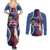Southland Anniversary Day Couples Matching Summer Maxi Dress and Long Sleeve Button Shirt Murihiku 1861 Maori Bird Mix Pohutukawa