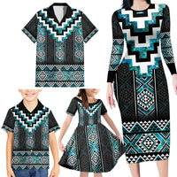 Paua Shell Taniko Pattern Aotearoa Family Matching Long Sleeve Bodycon Dress and Hawaiian Shirt Niho Taniwha Mix Poutama