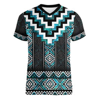 Paua Shell Taniko Pattern Aotearoa Women V-Neck T-Shirt Niho Taniwha Mix Poutama LT14 Female Turquoise - Polynesian Pride