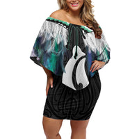 Aotearoa Korowai Motif Family Matching Off Shoulder Short Dress and Hawaiian Shirt Hei Matau Poutama Maori Pattern