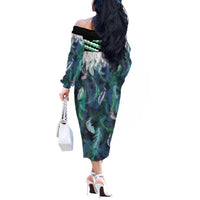 Aotearoa Korowai Motif Off The Shoulder Long Sleeve Dress Hei Matau Poutama Maori Pattern