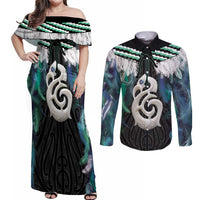 Aotearoa Korowai Motif Couples Matching Off Shoulder Maxi Dress and Long Sleeve Button Shirt Hei Manaia Poutama Maori Pattern LT14 Turquoise - Polynesian Pride