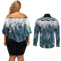 Aotearoa Korowai Motif Couples Matching Off Shoulder Short Dress and Long Sleeve Button Shirt Hei Manaia Poutama Maori Pattern LT14 - Polynesian Pride