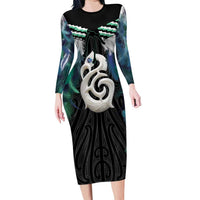 Aotearoa Korowai Motif Family Matching Long Sleeve Bodycon Dress and Hawaiian Shirt Hei Manaia Poutama Maori Pattern