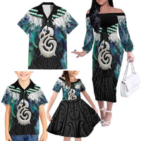 Aotearoa Korowai Motif Family Matching Off The Shoulder Long Sleeve Dress and Hawaiian Shirt Hei Manaia Poutama Maori Pattern