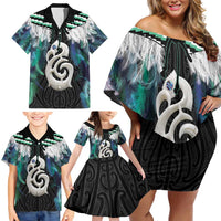 Aotearoa Korowai Motif Family Matching Off Shoulder Short Dress and Hawaiian Shirt Hei Manaia Poutama Maori Pattern