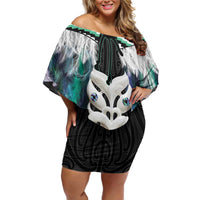 Aotearoa Korowai Motif Family Matching Off Shoulder Short Dress and Hawaiian Shirt Maori Wheku Poutama