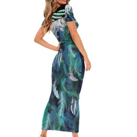 Aotearoa Korowai Motif Short Sleeve Bodycon Dress Maori Wheku Poutama