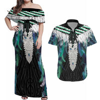 Aotearoa Korowai Motif Couples Matching Off Shoulder Maxi Dress and Hawaiian Shirt Maori Tane Poutama