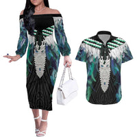 Aotearoa Korowai Motif Couples Matching Off The Shoulder Long Sleeve Dress and Hawaiian Shirt Maori Tane Poutama