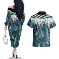 Aotearoa Korowai Motif Couples Matching Off The Shoulder Long Sleeve Dress and Hawaiian Shirt Maori Tane Poutama