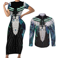 Aotearoa Korowai Motif Couples Matching Short Sleeve Bodycon Dress and Long Sleeve Button Shirt Maori Tane Poutama