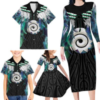 Aotearoa Korowai Motif Family Matching Long Sleeve Bodycon Dress and Hawaiian Shirt Maori Koru Poutama