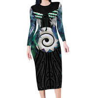 Aotearoa Korowai Motif Family Matching Long Sleeve Bodycon Dress and Hawaiian Shirt Maori Koru Poutama