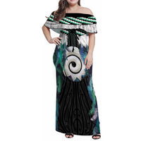 Aotearoa Korowai Motif Family Matching Off Shoulder Maxi Dress and Hawaiian Shirt Maori Koru Poutama