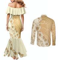 Heiva i Tahiti Couples Matching Mermaid Dress and Long Sleeve Button Shirt Tahitian Tiare Maori Cowrie Lei Brown