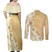 Heiva i Tahiti Couples Matching Off Shoulder Maxi Dress and Long Sleeve Button Shirt Tahitian Tiare Maori Cowrie Lei Brown