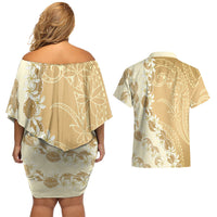 Heiva i Tahiti Couples Matching Off Shoulder Short Dress and Hawaiian Shirt Tahitian Tiare Maori Cowrie Lei Brown