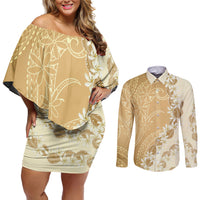 Heiva i Tahiti Couples Matching Off Shoulder Short Dress and Long Sleeve Button Shirt Tahitian Tiare Maori Cowrie Lei Brown