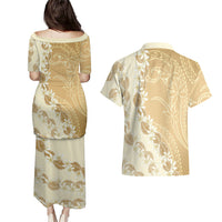 Heiva i Tahiti Couples Matching Puletasi and Hawaiian Shirt Tahitian Tiare Maori Cowrie Lei Brown