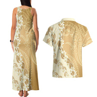 Heiva i Tahiti Couples Matching Tank Maxi Dress and Hawaiian Shirt Tahitian Tiare Maori Cowrie Lei Brown