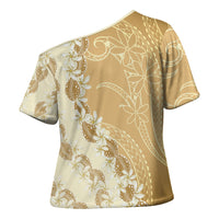 Heiva i Tahiti Cross Shoulder Shirt Tahitian Tiare Maori Cowrie Lei Brown