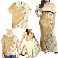 Heiva i Tahiti Family Matching Off Shoulder Maxi Dress and Hawaiian Shirt Tahitian Tiare Maori Cowrie Lei Brown