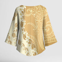 Heiva i Tahiti Kimono Sleeve Blouse Tahitian Tiare Maori Cowrie Lei Brown
