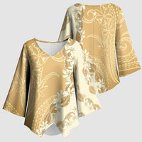 Heiva i Tahiti Kimono Sleeve Blouse Tahitian Tiare Maori Cowrie Lei Brown