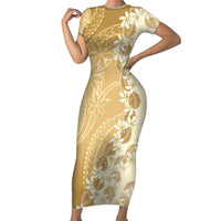 Heiva i Tahiti Short Sleeve Bodycon Dress Tahitian Tiare Maori Cowrie Lei Brown