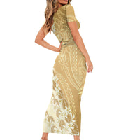 Heiva i Tahiti Short Sleeve Bodycon Dress Tahitian Tiare Maori Cowrie Lei Brown