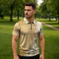 Heiva i Tahiti Zipper Polo Shirt Tahitian Tiare Maori Cowrie Lei Brown