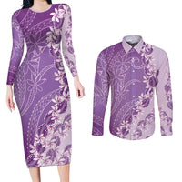 Heiva i Tahiti Couples Matching Long Sleeve Bodycon Dress and Long Sleeve Button Shirt Tahitian Tiare Maori Cowrie Lei Purple