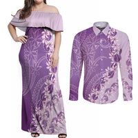 Heiva i Tahiti Couples Matching Off Shoulder Maxi Dress and Long Sleeve Button Shirt Tahitian Tiare Maori Cowrie Lei Purple