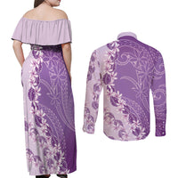 Heiva i Tahiti Couples Matching Off Shoulder Maxi Dress and Long Sleeve Button Shirt Tahitian Tiare Maori Cowrie Lei Purple