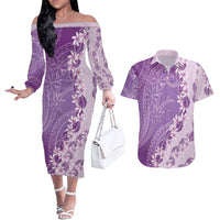 Heiva i Tahiti Couples Matching Off The Shoulder Long Sleeve Dress and Hawaiian Shirt Tahitian Tiare Maori Cowrie Lei Purple