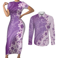 Heiva i Tahiti Couples Matching Short Sleeve Bodycon Dress and Long Sleeve Button Shirt Tahitian Tiare Maori Cowrie Lei Purple