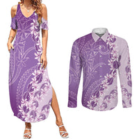 Heiva i Tahiti Couples Matching Summer Maxi Dress and Long Sleeve Button Shirt Tahitian Tiare Maori Cowrie Lei Purple