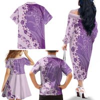 Heiva i Tahiti Family Matching Off The Shoulder Long Sleeve Dress and Hawaiian Shirt Tahitian Tiare Maori Cowrie Lei Purple