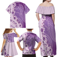 Heiva i Tahiti Family Matching Off Shoulder Maxi Dress and Hawaiian Shirt Tahitian Tiare Maori Cowrie Lei Purple