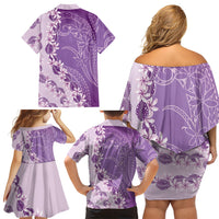 Heiva i Tahiti Family Matching Off Shoulder Short Dress and Hawaiian Shirt Tahitian Tiare Maori Cowrie Lei Purple