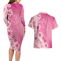 Heiva i Tahiti Couples Matching Long Sleeve Bodycon Dress and Hawaiian Shirt Tahitian Tiare Maori Cowrie Lei Pink